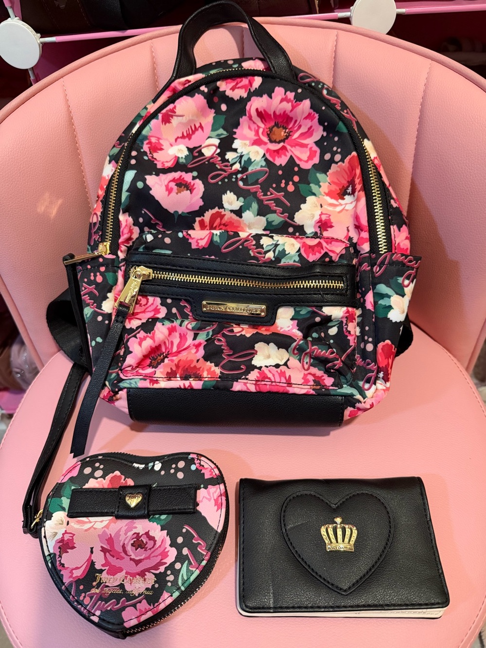Juicy Couture Black Floral Mini Backpack with Heart Coin Purse and Wallet